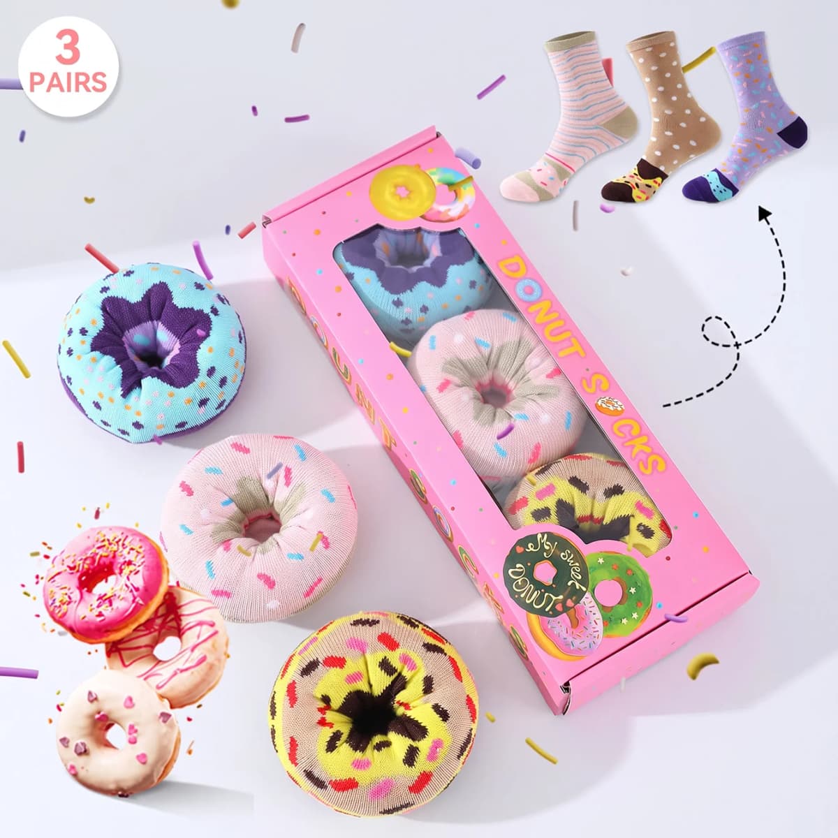 3 pairs of stylish, unique and interesting colorful donut pattern gift socks for men and women for all seasons