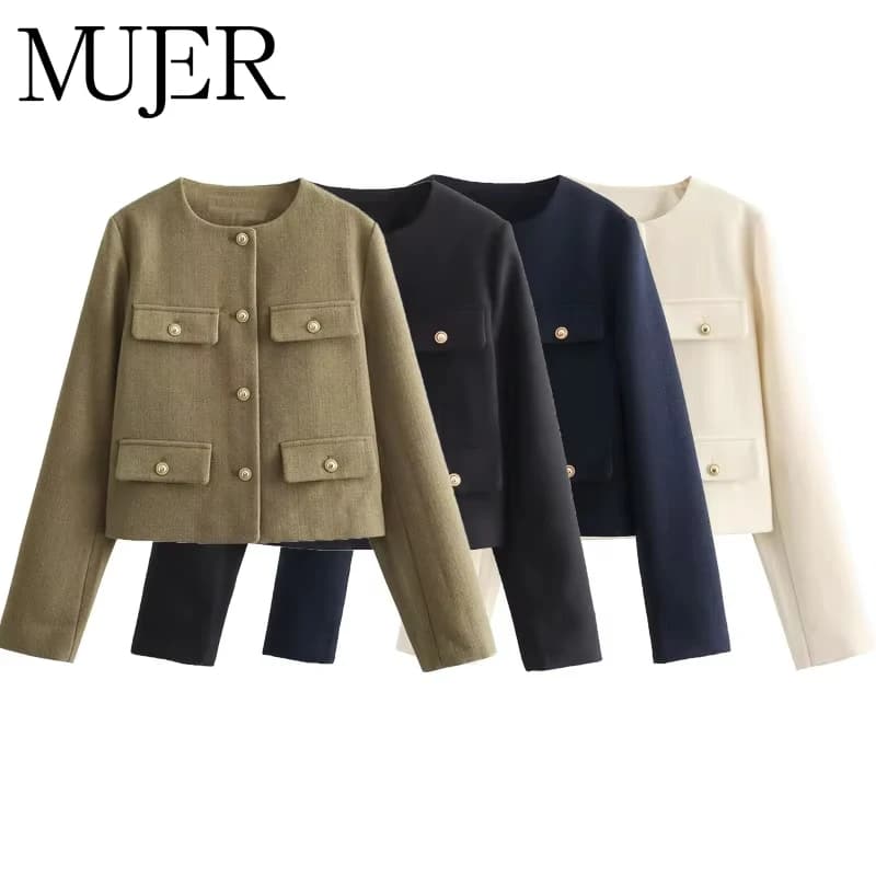 MUJER Tweed Cropped Jacket Woman Long Sleeve Vintage Jacket Woman Fashion Button Elegant Jackets For Women New In Short Coats