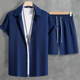 Fashion Summer Men's Short Sleeve Shorts Set Men's Solid Colour Button Down Shirt Drawstring Short Two Piece Hawaii Beach Suit