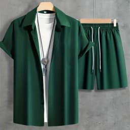 Fashion Summer Men's Short Sleeve Shorts Set Men's Solid Colour Button Down Shirt Drawstring Short Two Piece Hawaii Beach Suit
