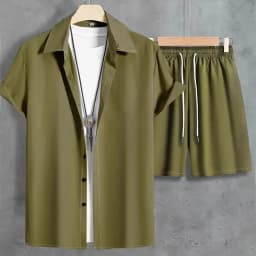Fashion Summer Men's Short Sleeve Shorts Set Men's Solid Colour Button Down Shirt Drawstring Short Two Piece Hawaii Beach Suit