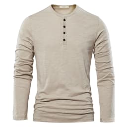 Autumn Solid Casual Mens T-shirts Henery Neck Long Sleeve T Shirt for Men Breathable Male Tops Classic Versatile Clothes