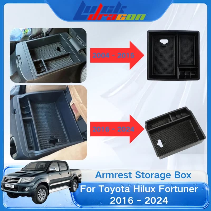 Center Console Organizer For Toyota Hilux Fortuner 2016 - 2024 Car Armrest Storage Box Built-In Non-Slip Mats Tray Pallet Holder