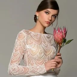 Scoop Neck Wedding Dress Long Sleeves Tops with Beading Lace Bridal Custom Made Gowns