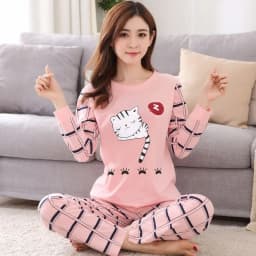 Autumn Thin 2Pieces Pyjamas Set Women 2026 Round Neck Girls Bear Pajamas Sets Teacup Cat Full Sleepwear Tops lovers Pajama Mujer