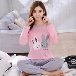 Autumn Thin 2Pieces Pyjamas Set Women 2026 Round Neck Girls Bear Pajamas Sets Teacup Cat Full Sleepwear Tops lovers Pajama Mujer