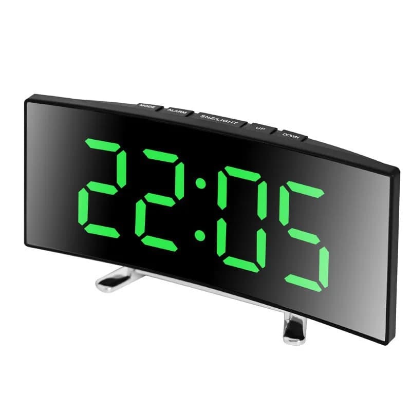 Curved Mirror Digital Alarm Clock with TEMP Date Night Mode Snooze Table Clock 12/24H Anti-disturb LED Clock for Living Room