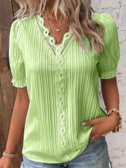 Plus Size Women's Shirt Blouse Yellow-green Violets White Plain Lace Short Sleeve Casual Basic V Neck Regular Pullover White Blo
