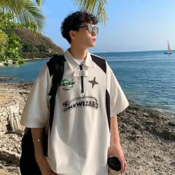 American Retro Short Sleeved Y2k Motorcycle Style Polo Collar Simple Versatile Loose Vintage Summer Couple T-shirt Casual Top