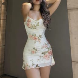 Women's Clothing Summer 2024 Trend Sling Dress Vintage Floral Ruched Mesh Slim Short Coquette Package Hip Slip Dresses