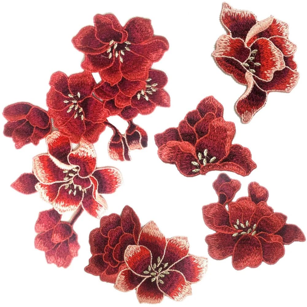 5 Pcs Red Plum Blossom Flower Embroidery Patches Fabric Applique Festival Clothing Christmas Patch Sewing Repair