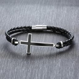 Men Gifts Casual Sideways Cross Charm Black Braided Leather Rope Women Bracelets male Bangles Prayer Gifts Jewelry free shipping