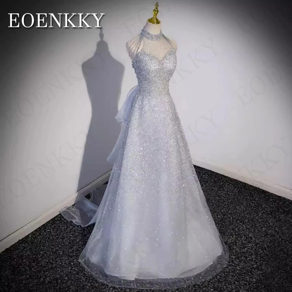 EOENKKY Sparkly Silver Prom Dresses Fairy A Line Glitter Tulle Party Dress Detachable Train Woman Customized платье на выпускной