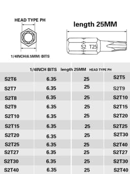 1 Inch T6 T7 T8 T9 T10 T15 Torx Screwdriver Bit Set S2 Steel 1/4 Inch 6.35mm Hex Shank Electric Screwdriver Bits For Power Tools