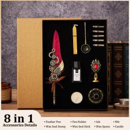 5color Machine Feather Dip Pen Set,Replaceable 5 Nib,Ink-Containing,Creative Quill Writing Artist Calligraphy Signature Pen 7003