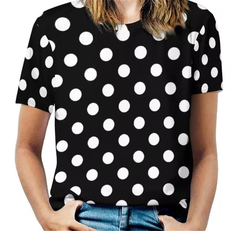 Women Vintage 3D Dot Print O-Neck Short Sleeve T-Shirts Female Retro Fashion Wave Point Street Tshirt Lady Casual Y2k Tops Tees