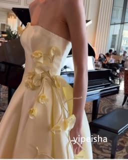 Customized Modern Style Pleat Flower A-line Strapless Long Dresses Evening Dresses Pastrol Unisex Chinese Style Formal Casual Si