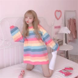 Pink Rainbow Striped Oversized T Shirts For Women Kawaii Summer Long Sleeve O-neck Shirt Korean Ladies Fleece Sweetops Tshirt