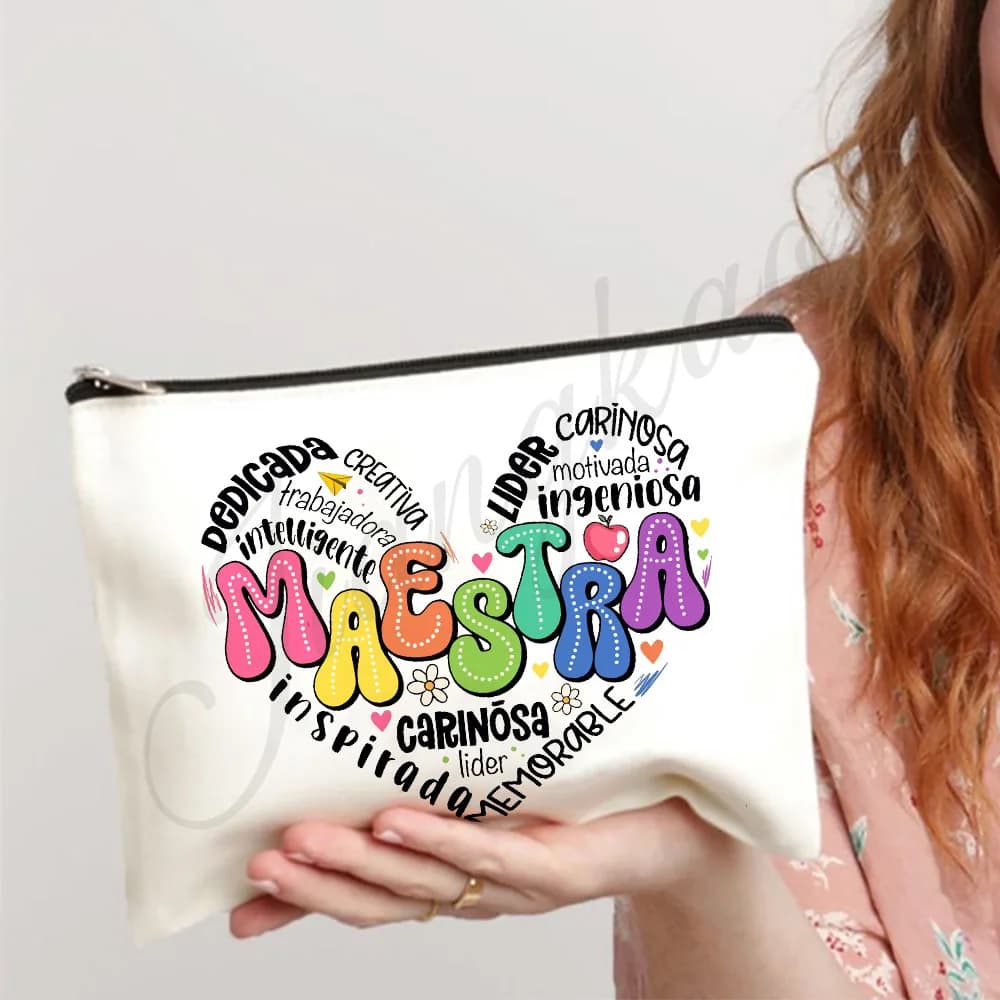 Maestra Spanish Heart print Makeup Bag Travel Neceser Travel Toiletry Organizer case Pencil Bags back to school Gift for teacher