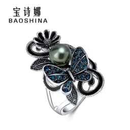 Trendy Ink Blue Pearl Butterfly Crystal Women's Ring For Engagement Wedding Jewelry Copper Accessories Rings Wholesale