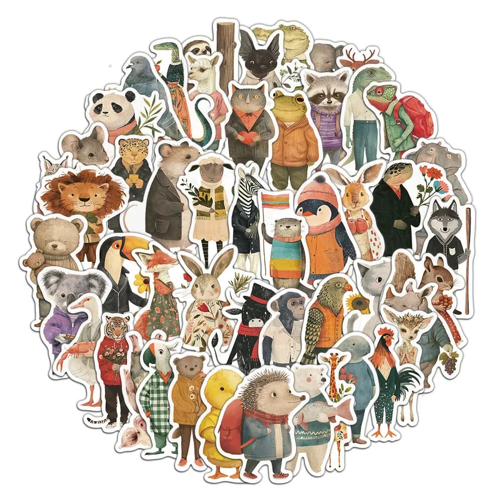 50PCS Cartoon Retro Hand drawn Animal Stickers Creative Laptop Phone Cases Handbooks Decorative Stickers