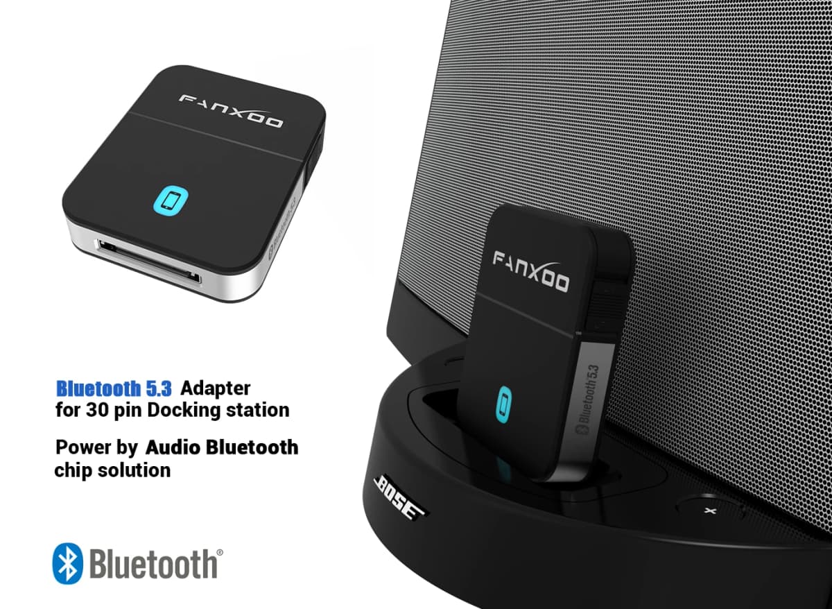 Fanxoo 30 Pin Bluetooth Adapter 5.3 Audio Mini Bluetooth Receiver For Bose Sounddock JBL YAMAHA IPhone IPod Jack Analog Speaker
