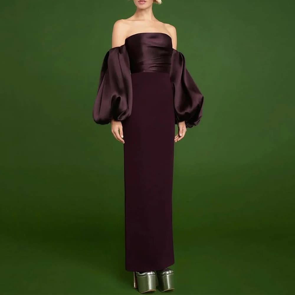 Simple Strapless Evening Dress Off the Shoulder Puff Three Quarter Floor Length Back Slit Women Backless with Zipper Gowns