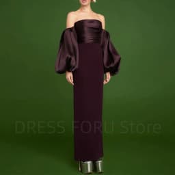 Simple Strapless Evening Dress Off the Shoulder Puff Three Quarter Floor Length Back Slit Women Backless with Zipper Gowns