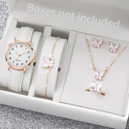 6PCS Women's Watch Fashion Arabic Dial Leather Band Quartz Watches Butterfly Jewelry Set(Without Box)