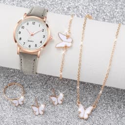 6PCS Women's Watch Fashion Arabic Dial Leather Band Quartz Watches Butterfly Jewelry Set(Without Box)