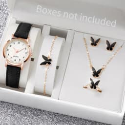 6PCS Women's Watch Fashion Arabic Dial Leather Band Quartz Watches Butterfly Jewelry Set(Without Box)