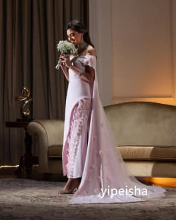 Customized Exquisite Jersey Flower A-line Off-the-shoulder Midi Dresses Prom Dresses Modern Style Pastrol Unisex Chinese Style F