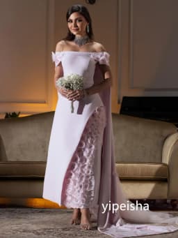 Customized Exquisite Jersey Flower A-line Off-the-shoulder Midi Dresses Prom Dresses Modern Style Pastrol Unisex Chinese Style F