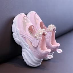 Girls Tennis Shoes Mesh Hollowed 2024 Summer New Children Solid Color Pearl Sports Shoes Kids Princess Sneakers Cute Heart
