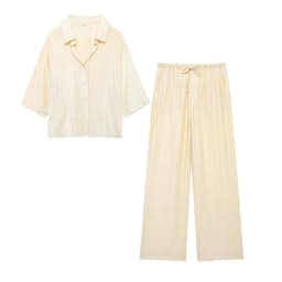 Woman Jacquard Trouser Set V Neck Long Sleeves Shirt Top + Casual Lace Up Elastic Waist Streetwear Women's Wide Leg Pant