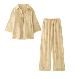 Woman Jacquard Trouser Set V Neck Long Sleeves Shirt Top + Casual Lace Up Elastic Waist Streetwear Women's Wide Leg Pant