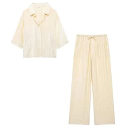 Woman Jacquard Trouser Set V Neck Long Sleeves Shirt Top + Casual Lace Up Elastic Waist Streetwear Women's Wide Leg Pant