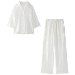 Woman Jacquard Trouser Set V Neck Long Sleeves Shirt Top + Casual Lace Up Elastic Waist Streetwear Women's Wide Leg Pant