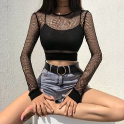 Sexy Black Hollow Out Mesh T-Shirt Female Skinny Crop Top 2024 New Fashion Summer Basic Tops For Women Fishnet Shirt