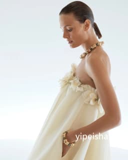 Customized Matching Chiffon Flower Straight Strapless Midi Dresses Prom Dresses Classic Exquisite Modern Style Pastrol Chinese