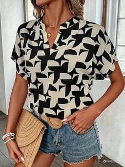 Elegant Summer Women's Print Shirt Casual Office Lady Notched V Neck Batwing Sleeve Blouses Tops