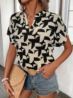 Elegant Summer Women's Print Shirt Casual Office Lady Notched V Neck Batwing Sleeve Blouses Tops