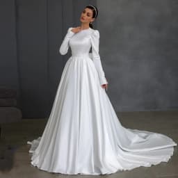 Modest Wedding Dress Customized Long Sleeves Beading Applique Court Train A Line Satin Muslim Bridal Gown Vestido De Noiva