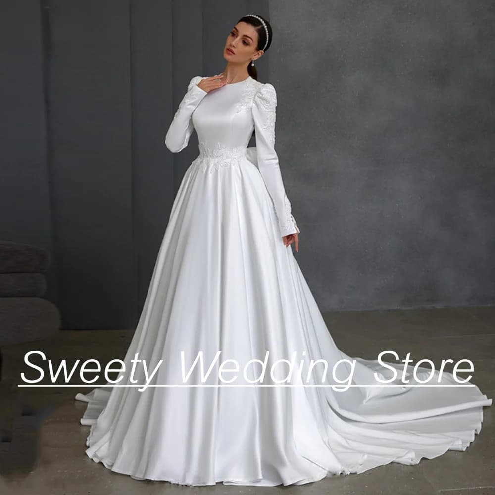 Modest Wedding Dress Customized Long Sleeves Beading Applique Court Train A Line Satin Muslim Bridal Gown Vestido De Noiva
