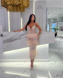 Feathers Champagne Blue Purple Cocktail Party Dresses Tea Length Mermaid Birthday Prom Dress Customized Arabic Evening Gowns