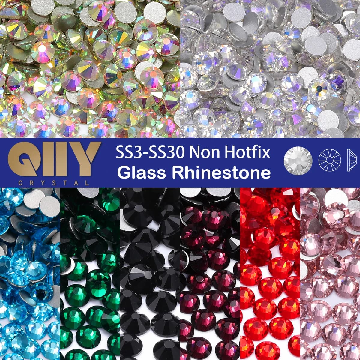 QIIY Top Quality Glass Flat Back Rhinestones Glitter Crystal AB Stones Glue On Strass Rhinestone for Nail Art Clothes Decoration
