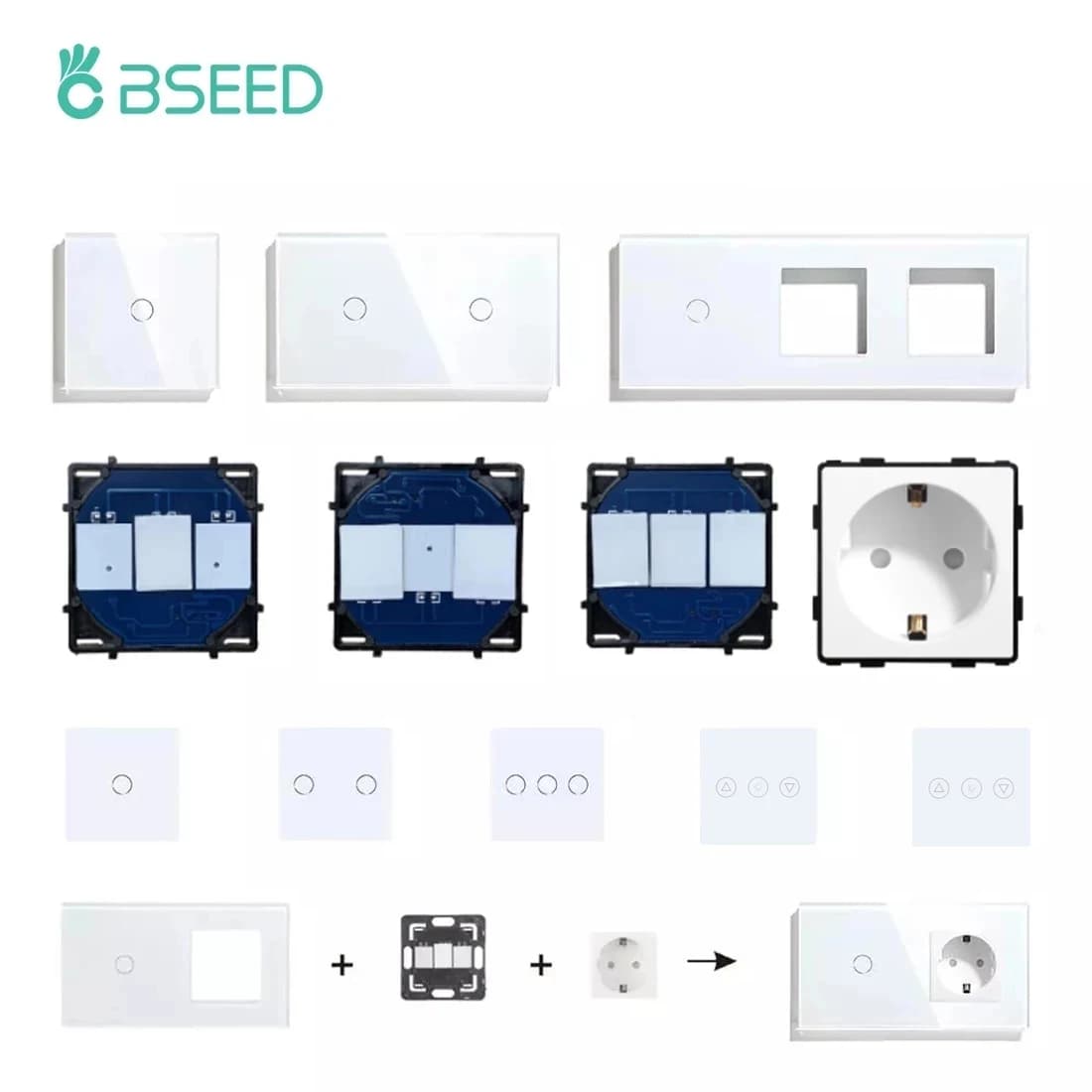 BSEED Wall Touch Switch 1/2/3Gang 1/2Way Light Switch Dimmer Function Parts Glass Panel Frames EU Wall Sockets DIY Parts White