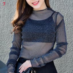 Women Lace Bottomed Blouse T-shirt Spring And Autumn Long Sleeve Mesh Crop Top Foreign Style Sexy Hollow Mesh Top High Neck 2024