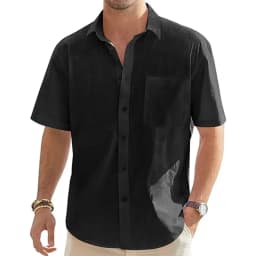 Men's Solid Color Cotton Linen Short Sleeve Shirts Vacation Beach Summer Tops with Pocket Casual Lightweight Button Shirts