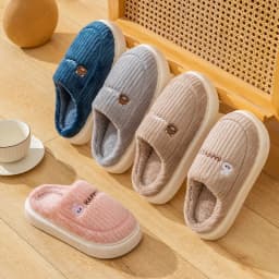 Women Men Winter Cartoon Embroidery Plush Slippers Thick Sole Corduroy Warm Indoor Home Shoes Soft Non Slip Couple House Slipper